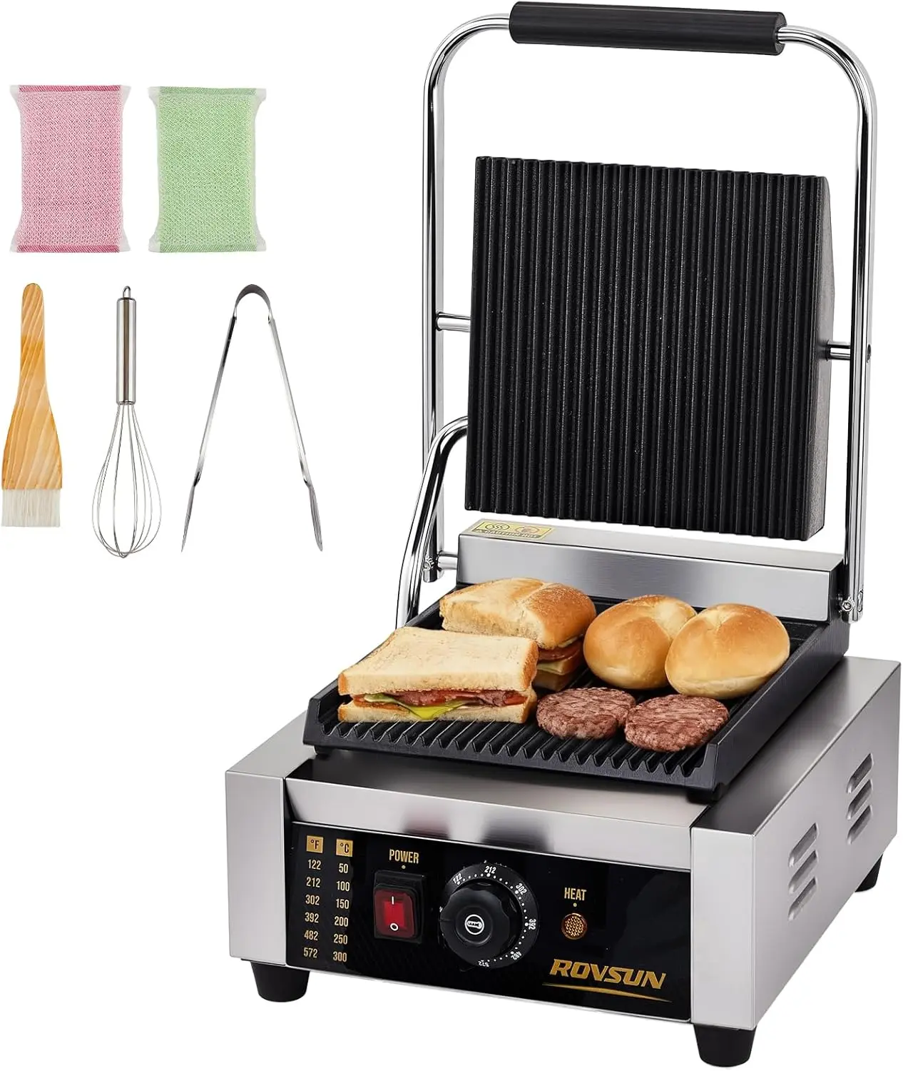 ROVSUN Commercial Panini Press Grill, Stainless Steel Electric Countertop Sandwich Maker with Adjustable Temp 122°F–572°F, For Steak, Burgers, Home & Restaurant Use, 110V, Silver