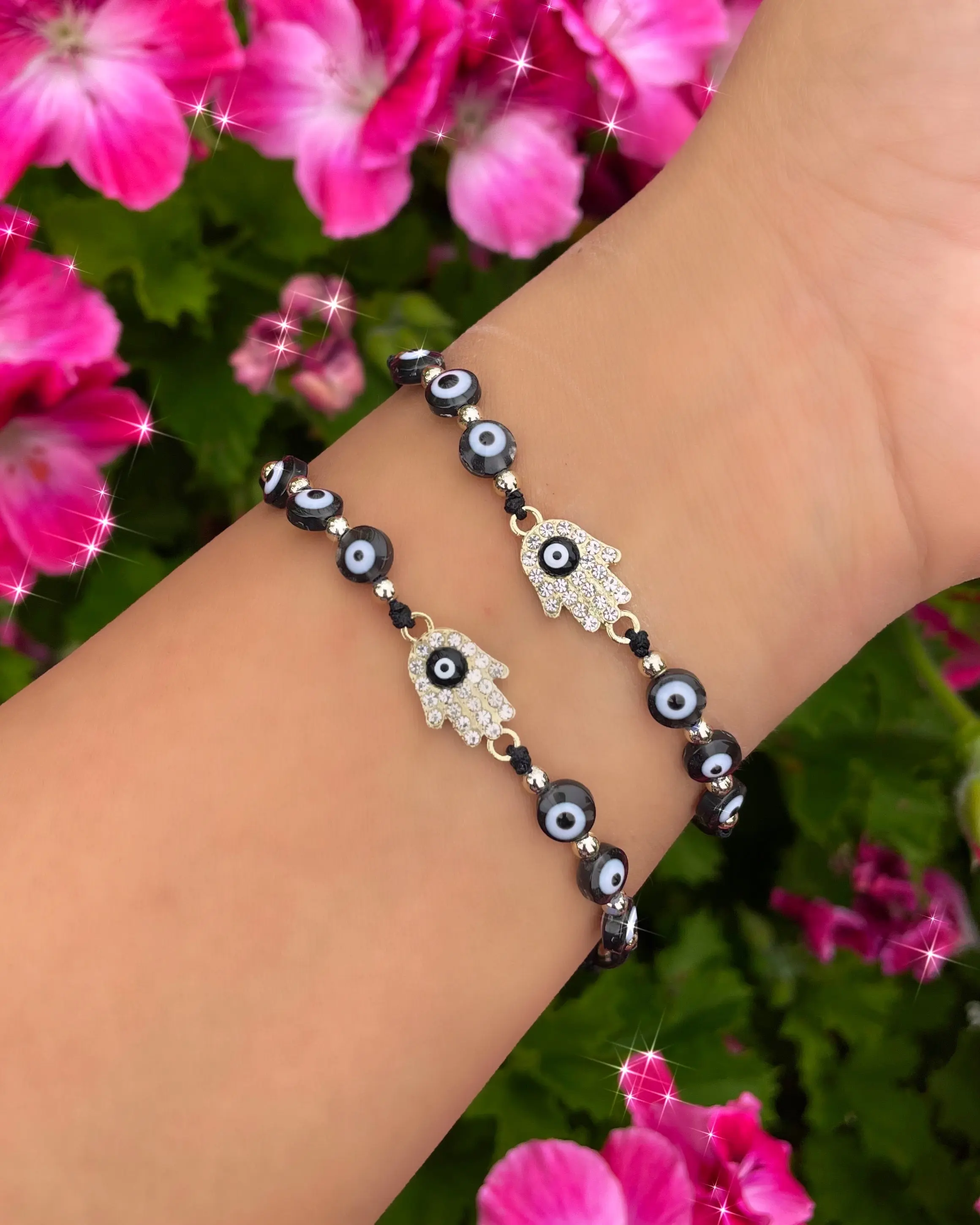 Adjustable Hamsa Eye Bracelet with Hamsa Hand Charms Evil Eye Piece Multi Dimensional Gems & Draw String One Size Fits All