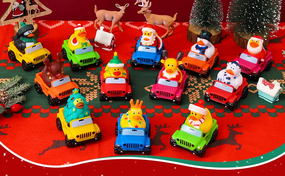 Christmas Rubber Ducks for Ducking 12-Pack – 12 Holiday Ducks + 12 Mini Cars | 3.5 in Cars Fit 2 in Ducks | Stocking Stuffers, Xmas Party Favors & Gift for Kids