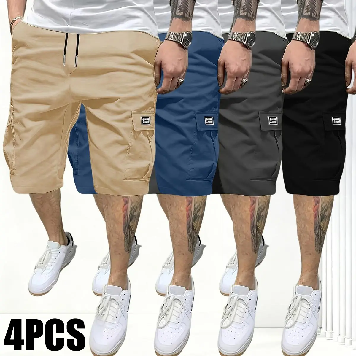 Men’s 4-Pack Plain Solid-Color Cargo Shorts, High Stretch Polyester Sportswear Clothes with Flap Pockets, Lightweight 4-Way Stretch Activewear for Summer Outdoor Work (Khaki, Blue, Gray, Black) men's shorts jorts for men Trouser  short shorts