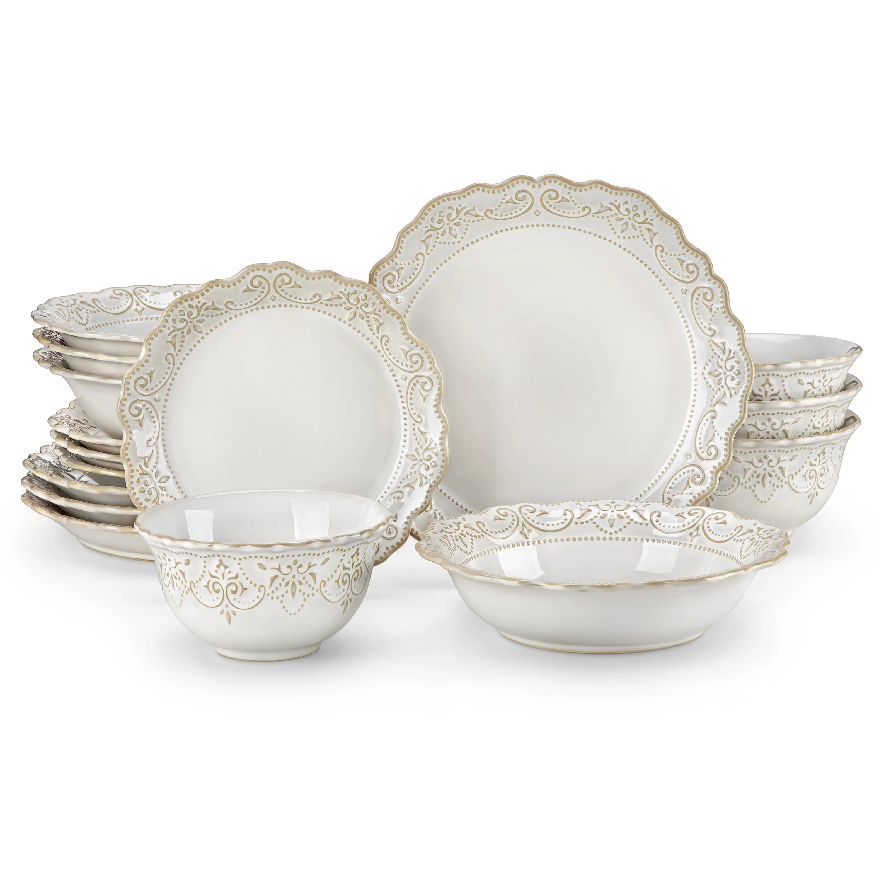 MALACASA GISELLE 16-Piece Ceramic Dinnerware Set - Oven-Safe Blue-and-White Embossed Vintage Bowls, Dinner Plates, Cutlery, Dishwasher-Safe for Formal Dining, Luxury Serving