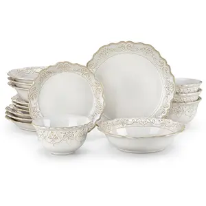 MALACASA GISELLE 16 Piece Ceramic Dinnerware Set - Elegant Blue & White Embossed Vintage Design Cutlery, Dishwasher Safe, Bowls and Plates Tableware Set for Formal Dining & Luxury Serving