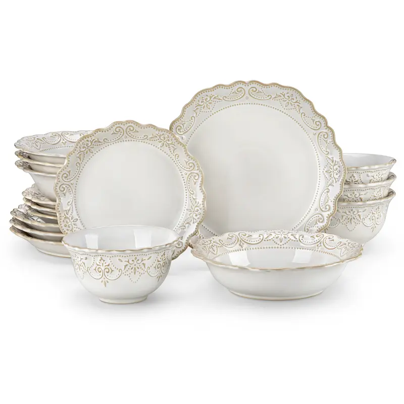 MALACASA GISELLE 16 Piece Ceramic Dinnerware Set - Elegant Blue & White Embossed Vintage Design Cutlery, Dishwasher Safe, Bowls and Plates Tableware Set for Formal Dining & Luxury Serving