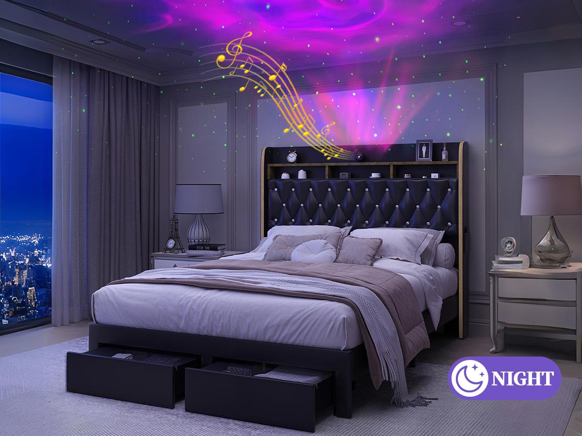 [Father's Day Gift] Queen LED Bed Frame with Galaxy Star Projector, Built-in Speaker & Charging Station, Luxury Upholstered Platform Bed with 2 Storage Drawers & 2-Tier Headboard, Noise-Free Modern Bedroom Furniture, Black