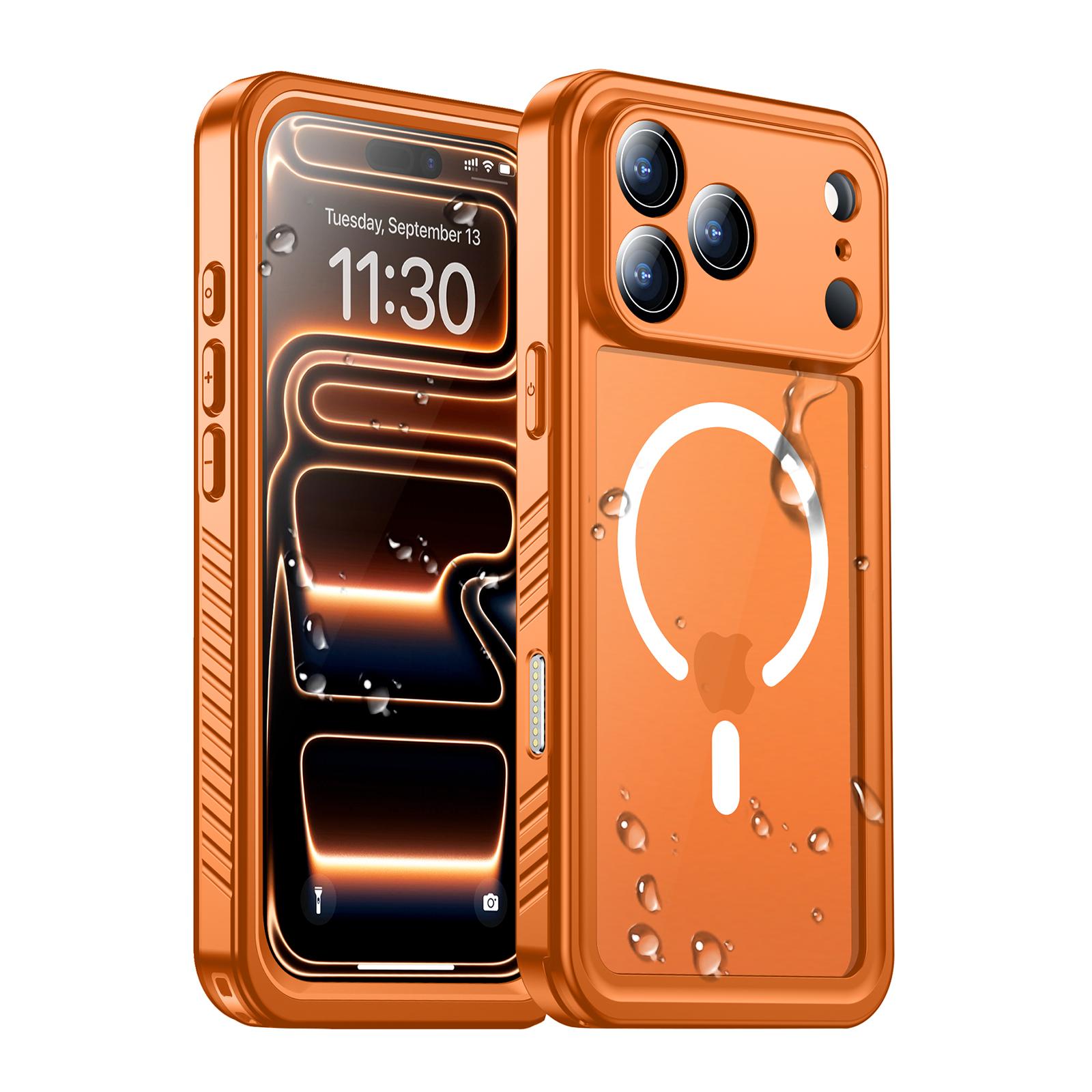 Temdan Magnetic for iPhone 17/16/15/14 Pro/Pro Max/Plus/Air Case Waterproof,Built-in Screen Protector[IP68 Underwater][Upgrade Military Dropproof][Compatible with MagSafe] Full Body Shockproof Translucent Case 6.3''/6.9''-Black/Orange
