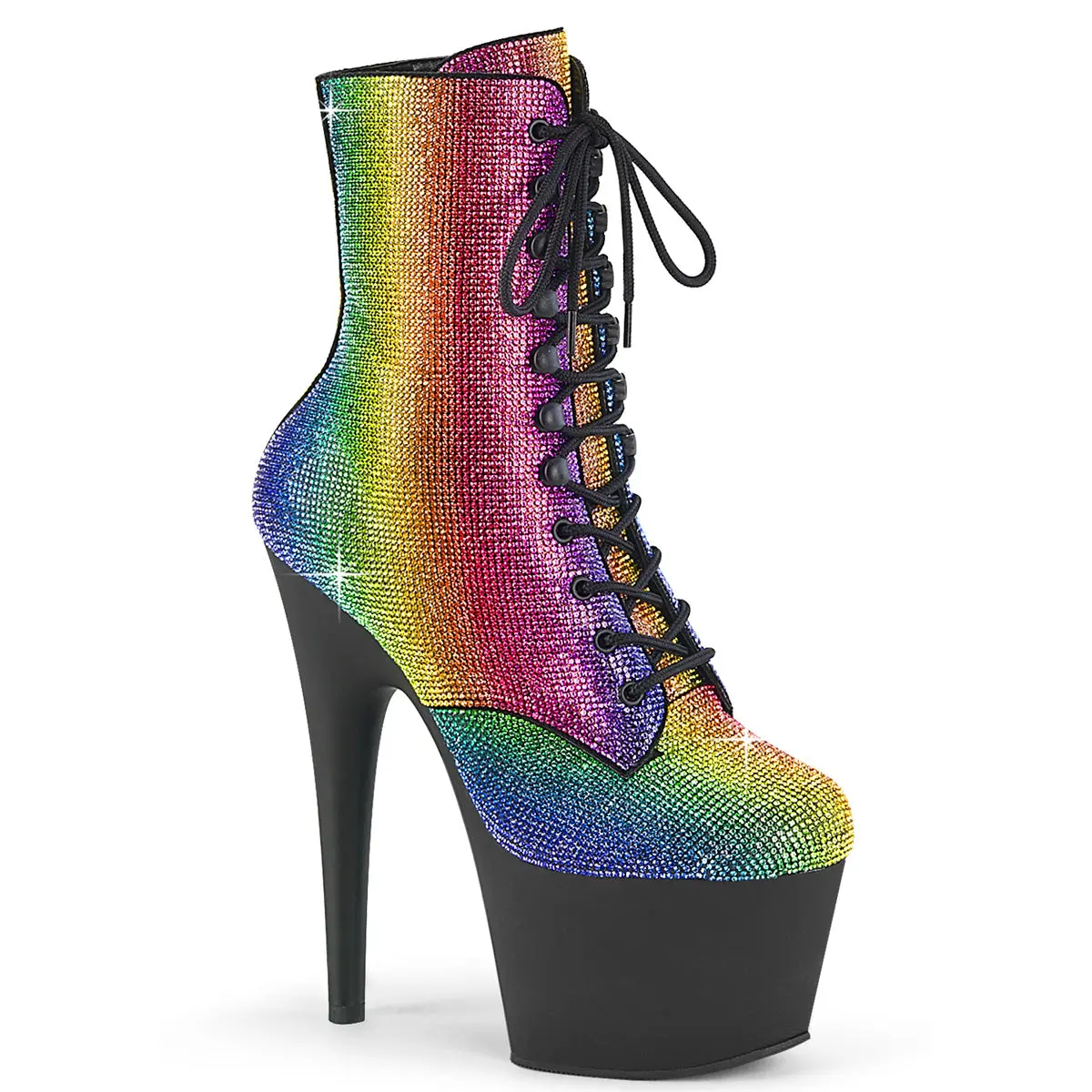 Women's Rainbow Rhinestone Ankle Boots - 7 In High Heel Platform Lace-Up Footwear with Inner Side Zip, 7-Inch High Heel, Ankle Length, Shoe, Rhinestones, Night Out, All Over Print, Very High Heel(Above 8 Cm)