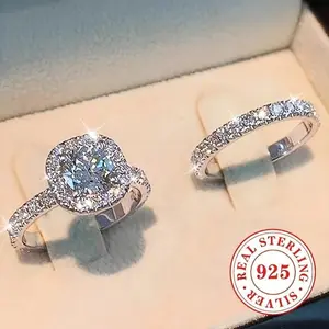 Valentine's Day 2-Piece Set for Women - 4.9g 925 Sterling Silver Elegant Luxurious April Birthday Wedding Banquet Ring Set with Classic Four-Prong Design