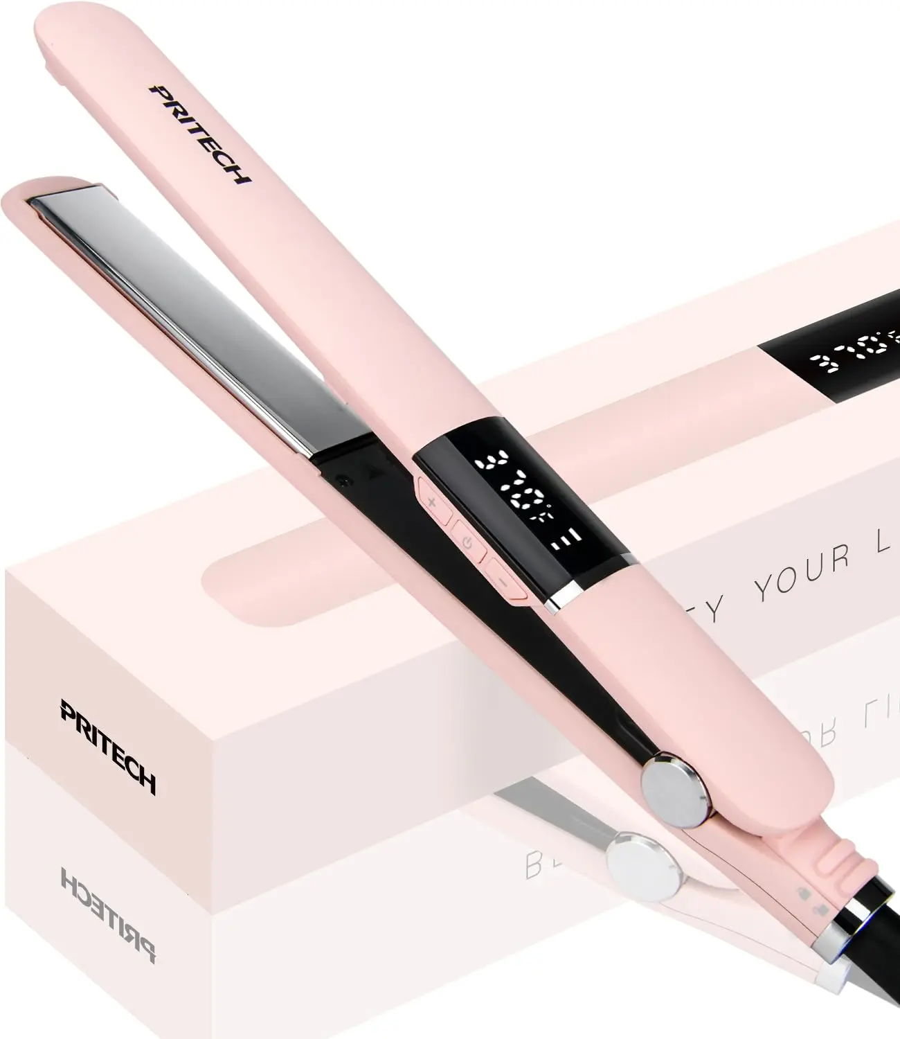 PRITECH 2-in-1 Hair Styler Flat Iron - Titanium 1-in Plate Smooth Styling Tool, Adjustable Temp (290°F-450°F), Anti-Frizz, Dual Voltage for All Hairstyles (Pink)