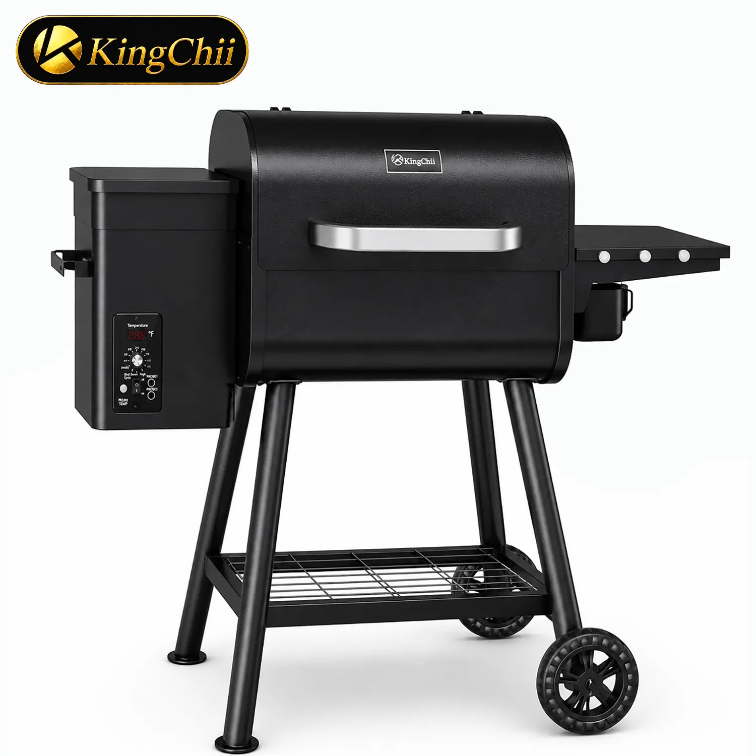KINGCHII 8-in-1 Wood Pellet Grill & Smoker, Black, with Side Shelf, PID Temp Control, Foldable for Backyard & Patio Use