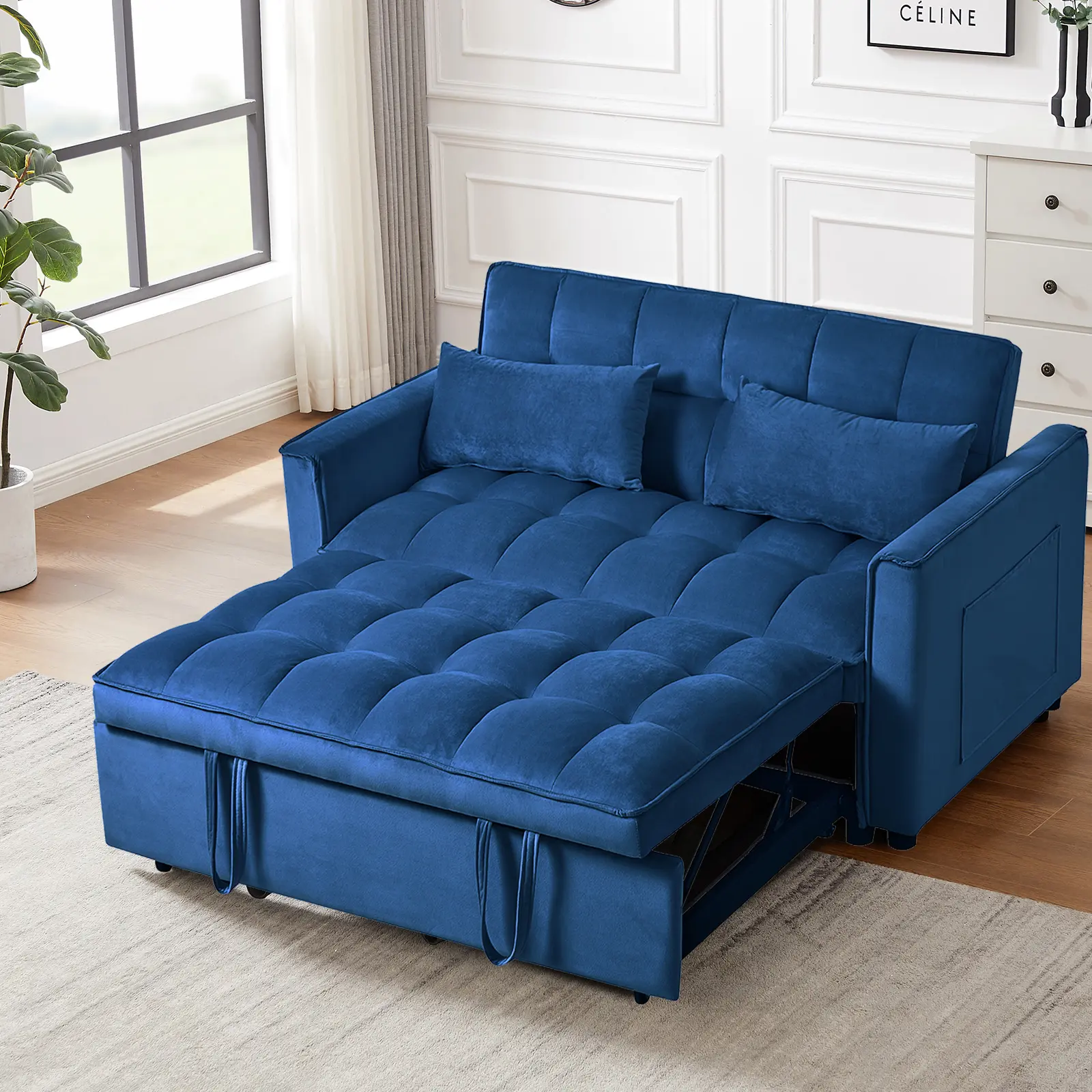 Velvet Soft Cotton Convertible Futon Couch - 3-in-1 Furniture Pull Out Bed Sleeper Sofa with Fixed Arms, Adjustable Backrest, Extendable Mattress, Pillows, Pockets, Single-Seat Loveseat for Living Room, Blue