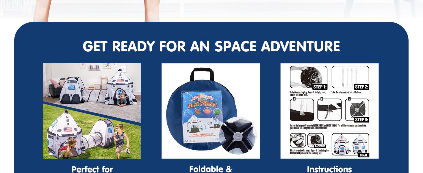 White Rocket Ship Pop up Play Tent with Tunnel and Playhouse Indoor Outdoor Spaceship Tent Set, Christmas Gifts for Kids Outdoor Play Toy Boys