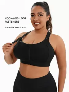 【Plus Size】 Criss Cross Zipper Front Wireless Sports Bra, Solid Adjustable Strap High Stretch Yoga Bra, Women's Sport Clothing for Indoor Outdoor Wear