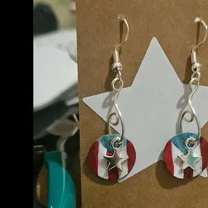 PR flag with metal star. on handpainted on dyed  mussel shell. 2 sets included with purchase. Delivery included and 1 cute gift bag. Mystery Jar Recycled Jewelry