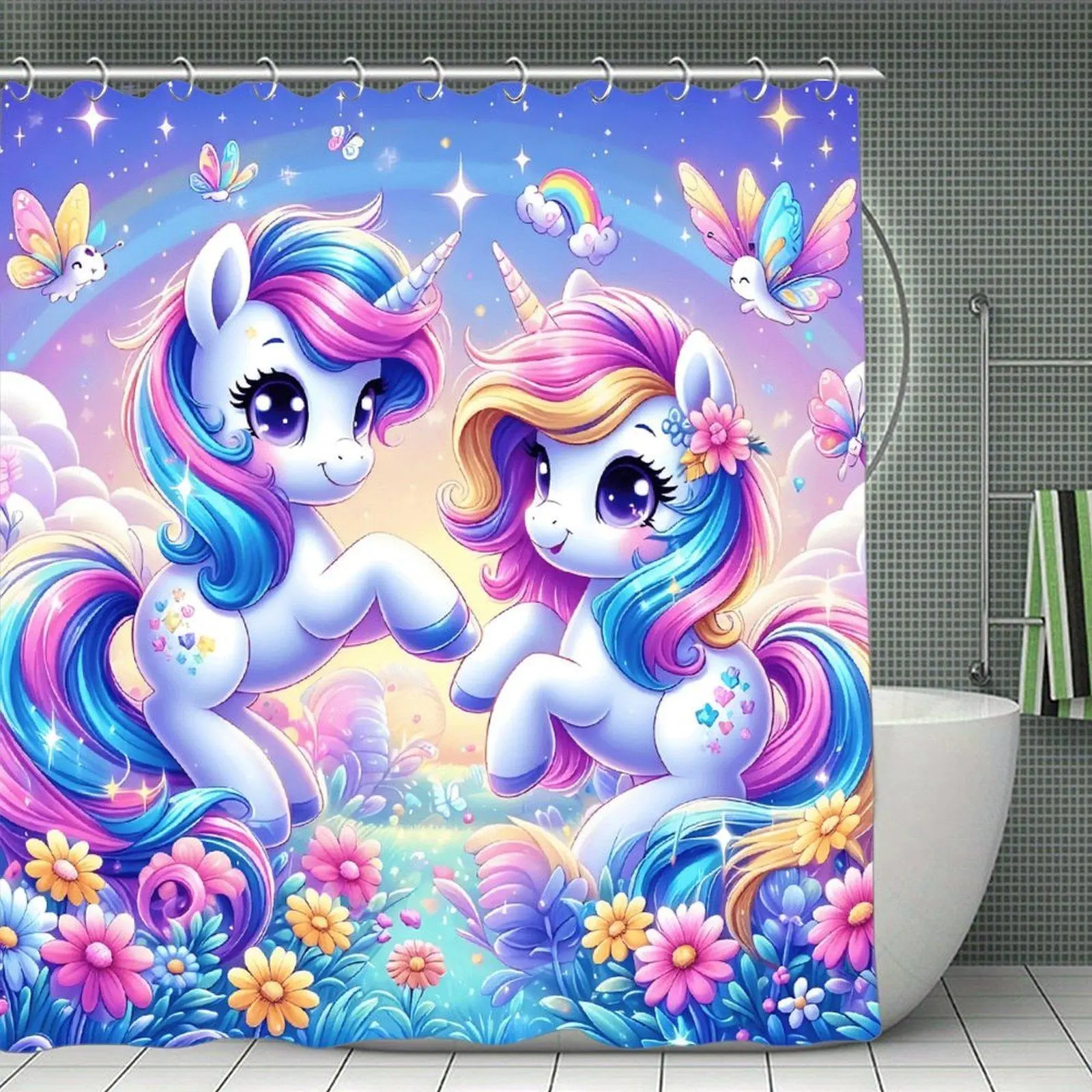 Cute Unicorn & Rainbow Waterproof Polyester Shower Curtain - Quick-Dry, Plastic-Accented, Stainless Steel-Enhanced, Bathtub-Resistant Fabric Curtain for Bathrooms Hanging & Decor