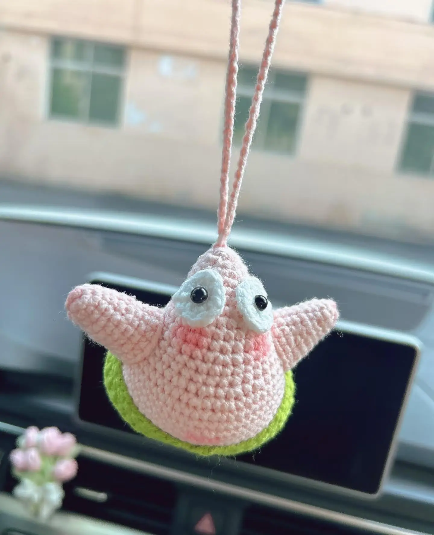 Funny Patrick Star Crochet Car Mirror Hanging - Handmade Amigurumi Character Charm, Gift for Him Her, Car Decor