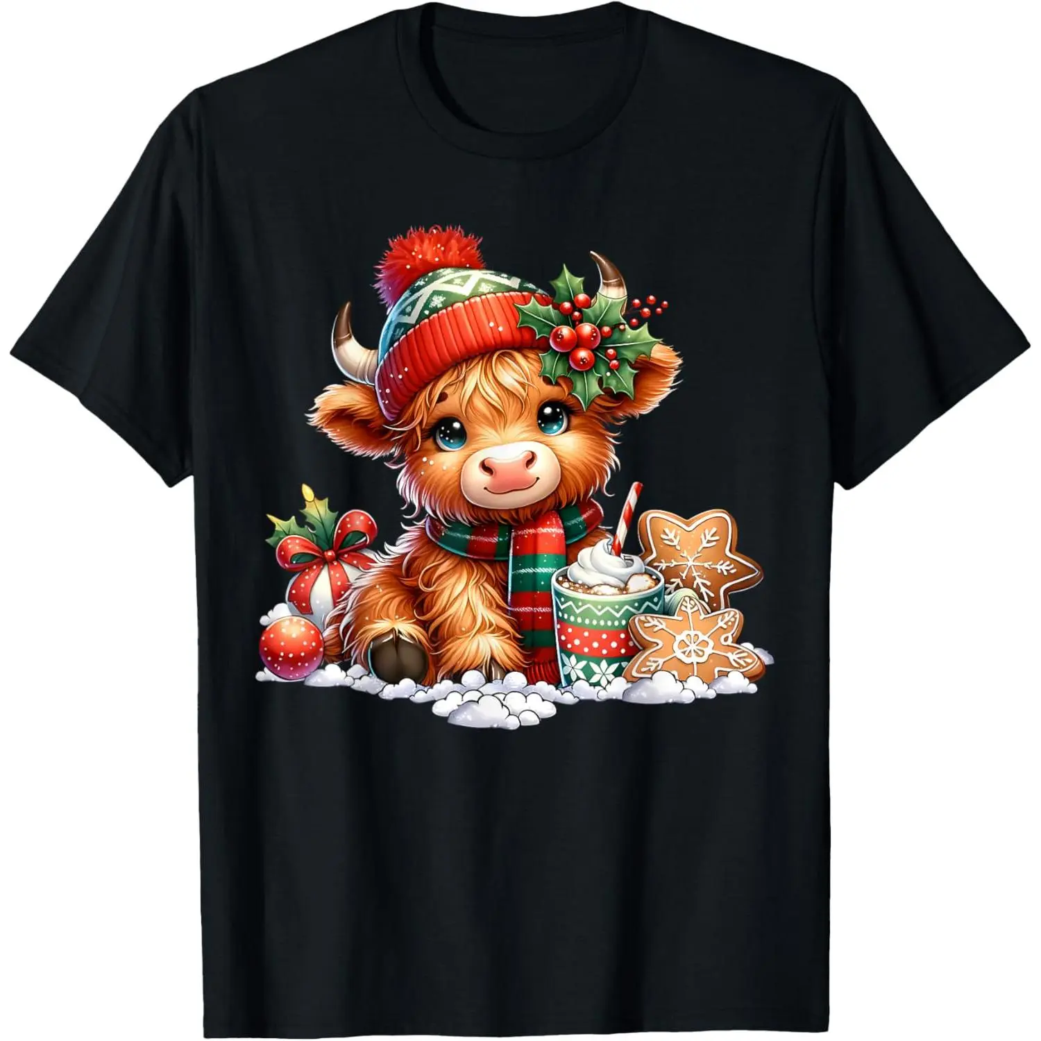 Men's Christmas Streetwear Short-Sleeve Casual Top, Cute Highland Heifer Cow with Santa Hat Mooey Xmas Graphic T-Shirt for Women, Shortsleeve, Tshirt