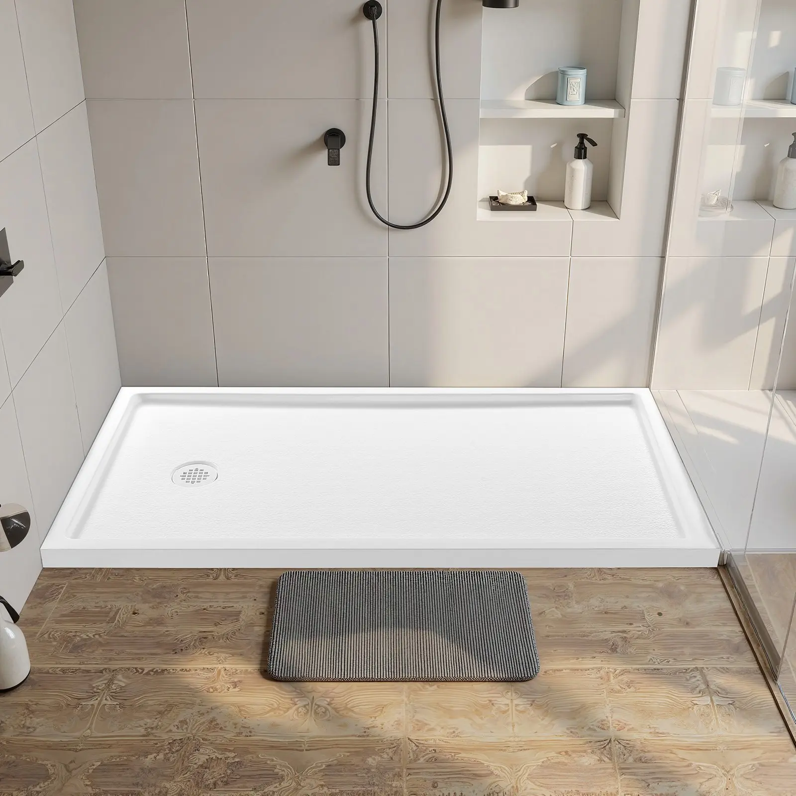 Shower Pan, 60″ L x 30″ W Single Threshold Shower Base, Rectangle White Acrylic and PVC Construction, Slip-Resistant Shower Pan with Drain and Cover, Left Drain Location, Ideal for Bathroom Renovation and Replacement