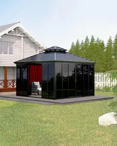 12x12 ft Hardtop Gazebo Sunroom, Enclosed Gazebo with Floor-to-Ceiling Sliding Doors, All-Aluminum Alloy Frame, Screen Outdoor Room Solarium for Backyard, Patio, and Deck