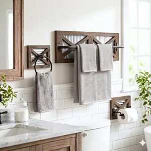 Autumn Alley Farmhouse Bathroom Hardware Set | Rustic Wood & Metal Towel Bar, Towel Ring & Toilet Paper Holder | 3-Piece Wall Mount Bathroom Decor