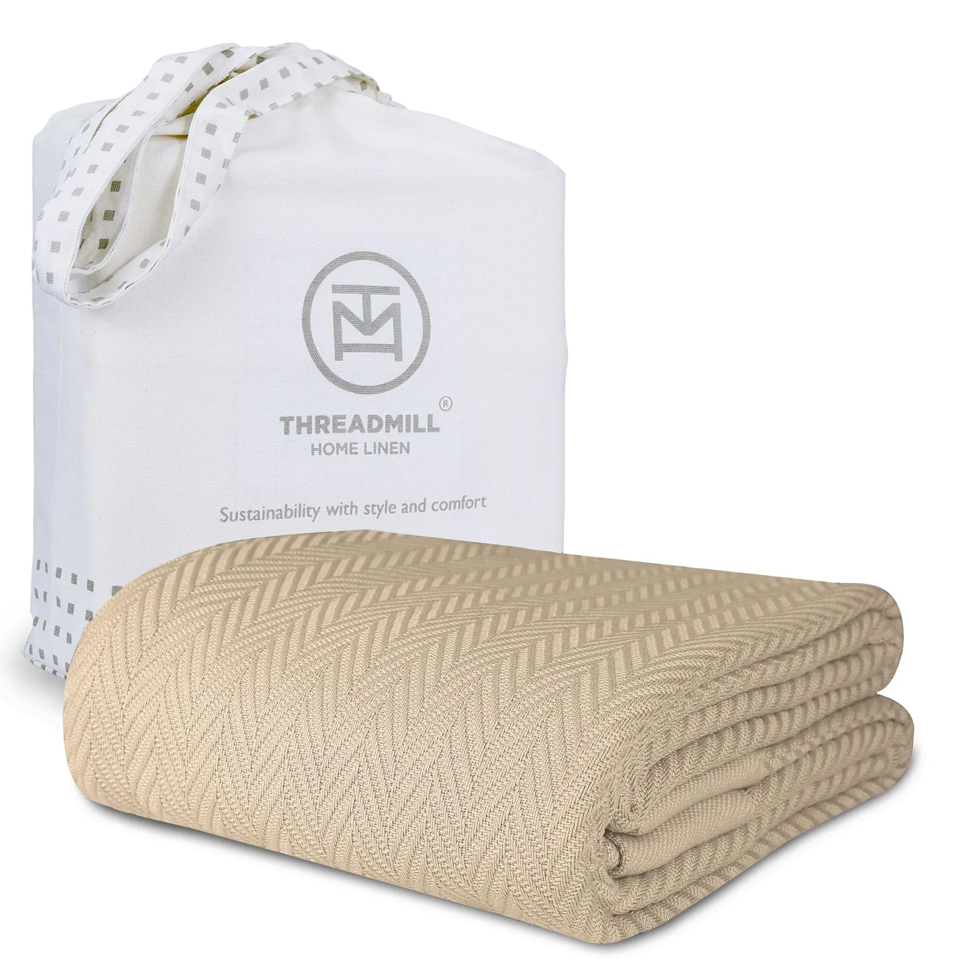 Threadmill Home Linen 100% Cotton Herringbone All Seasons Blanket - Soft Throws, Comfy Bed Covering, Machine Wash Thermal Fall Bedding Accessory, Soft Throws Blanket, Blankets For Bed, Cozy Textile Throw