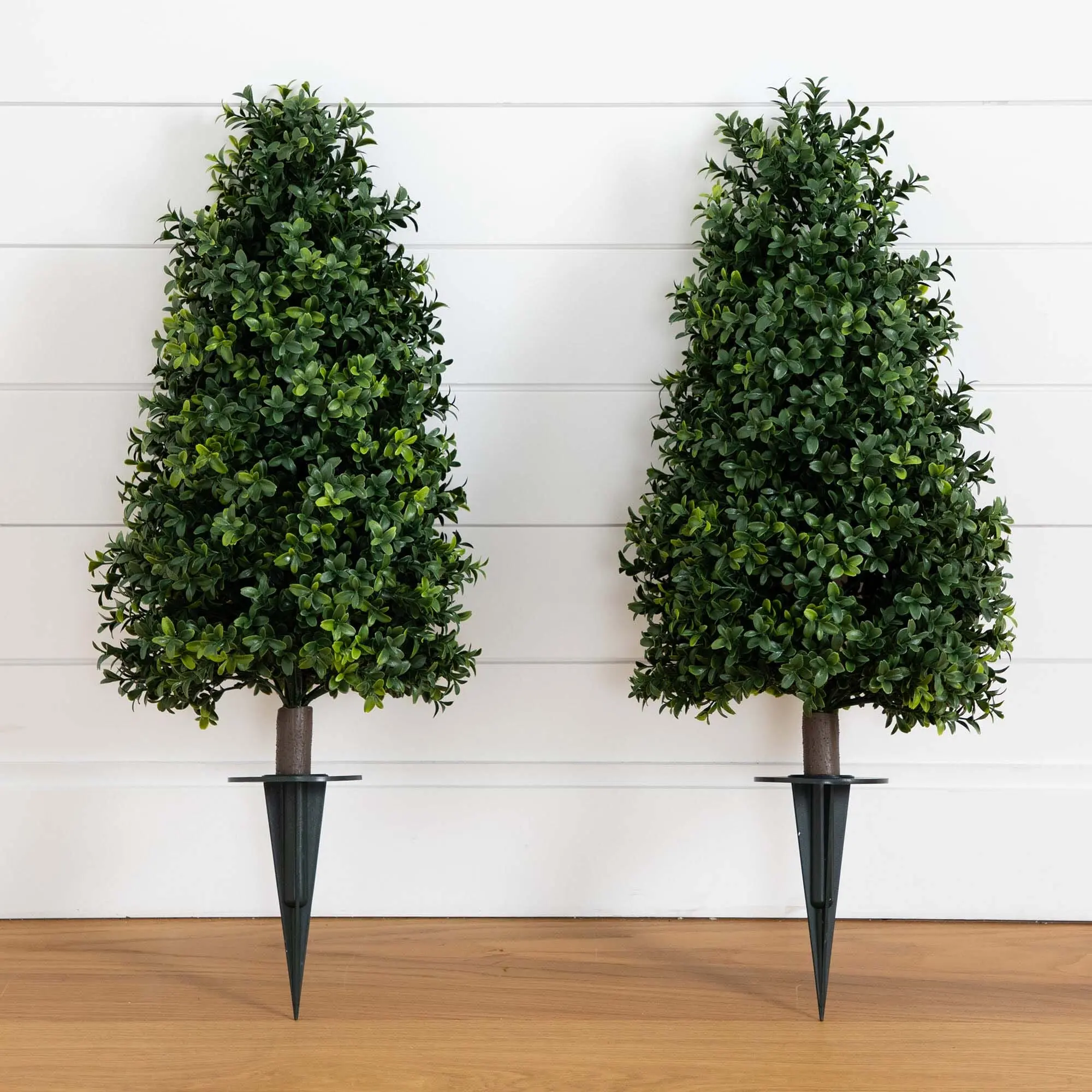 2.5ft UV-Resistant Faux Boxwood Plants with Integrated Ground Stakes - Set of 2, Evergreen Plant Decor, Natural Look Indoor/Outdoor Garden, Porch/Patio Home Landscaping Decor