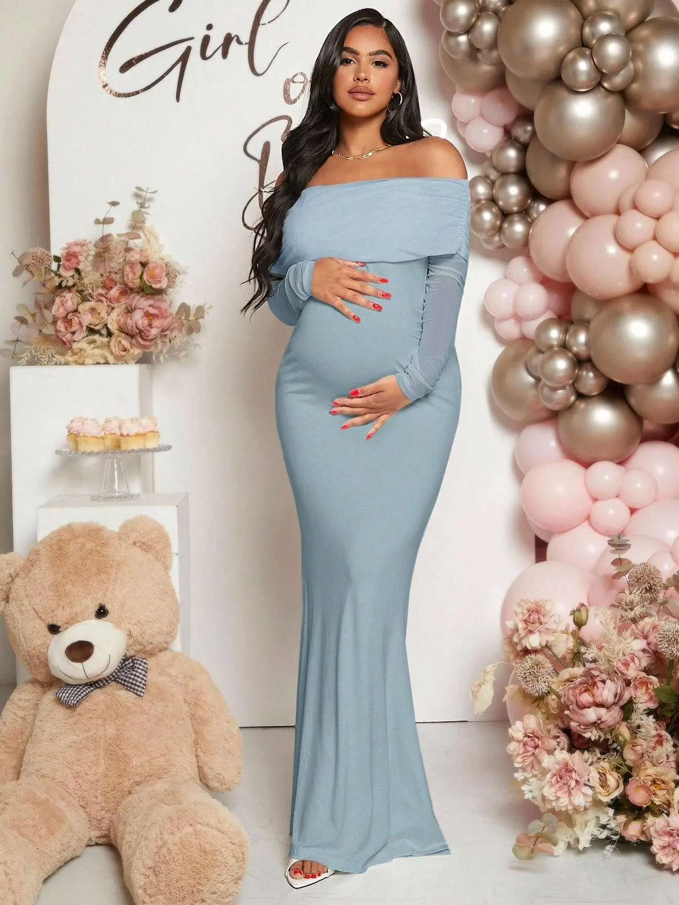 Pregnant Women Off-Shoulder Fishtail Baby Shower Long Sleeve Dress For Maternity