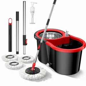 new Stainless steel rotating  set, including 3replacement  heads and an extendable handle, forconvenient cleaning, featuring a rotating design. Black andred two-tone  bucket set. commercial  Rotatable  and Bucket Set industrial mop hot washable floor