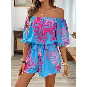 Women's Elegant Open Shoulder Tropical Print Ruffled One-Piece Romper - Lightweight Non-Stretch Fabric, Adjustable Waist Tie, Beach & Casual Wear for Spring/Summer, Beach Wear Romper |   Tropical Vacationwear |   Accessories