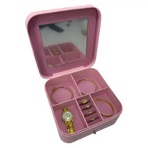 Pink Square Rounded-Corner Jewelry Box | Mirror Surface + Drawer | Multi-Compartment Storage for Bracelets, Rings, Earrings | A Perfect Gift for Her (Portable Jewelry Box)