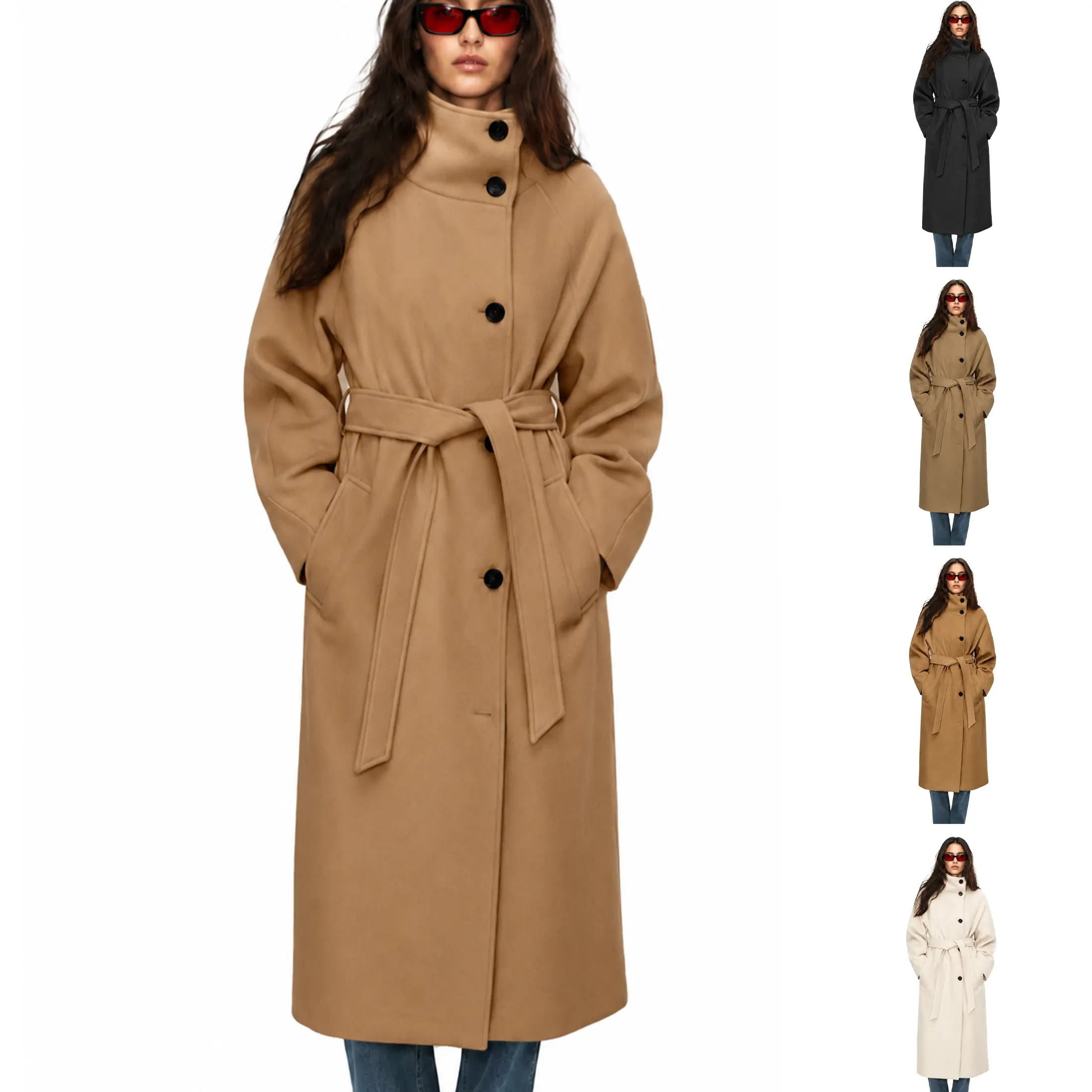 Buenoble Women Stand Collar Wool Blend Long Coat Self Tie Belt Waist Oversized Raglan Sleeve Fall Winter Warm Overcoat