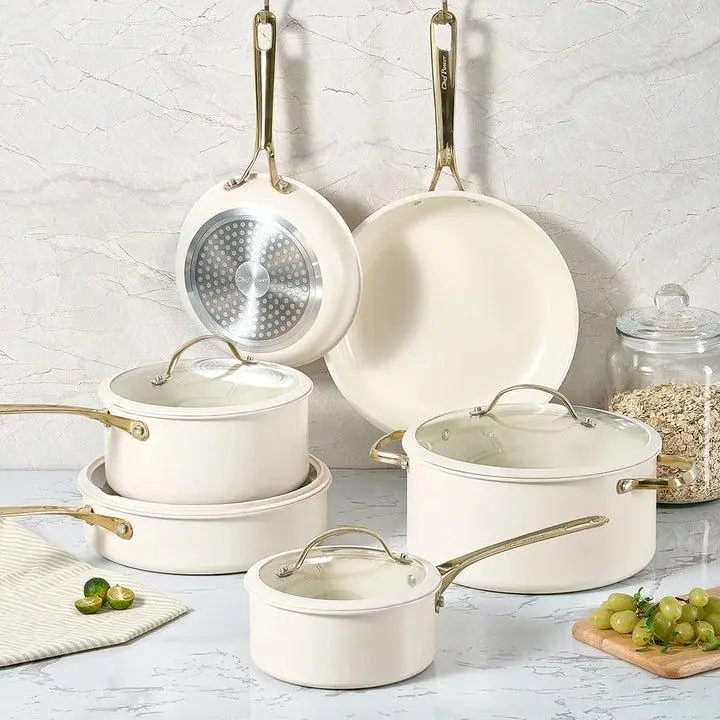 Chef Power 10-Piece Ceramic Non-Stick Pots and Pans Set - Stainless Handles Steady in Heat, Silicone, Saucepan, Lid, Cream White & Gold Accents, Induction/Gas/Electric Safe, Dishwasher & Oven Safe, Frying Pan