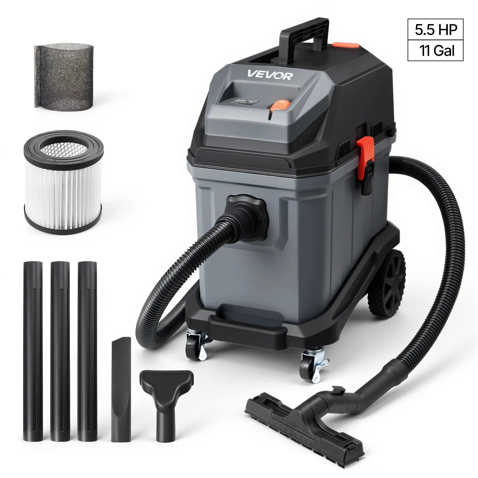 【summerfinds】VEVOR Commercial Shop Vac, 11 Gallon Wet Dry Shop Vacuum, 5.5 Peak HP Portable with One-Button Self-Cleaning, 1350W Input, 1.25in x 7ft Hose, 20ft Cord, Industrial-Grade for Jobsite, Workshop,dorm essentials,home essentials