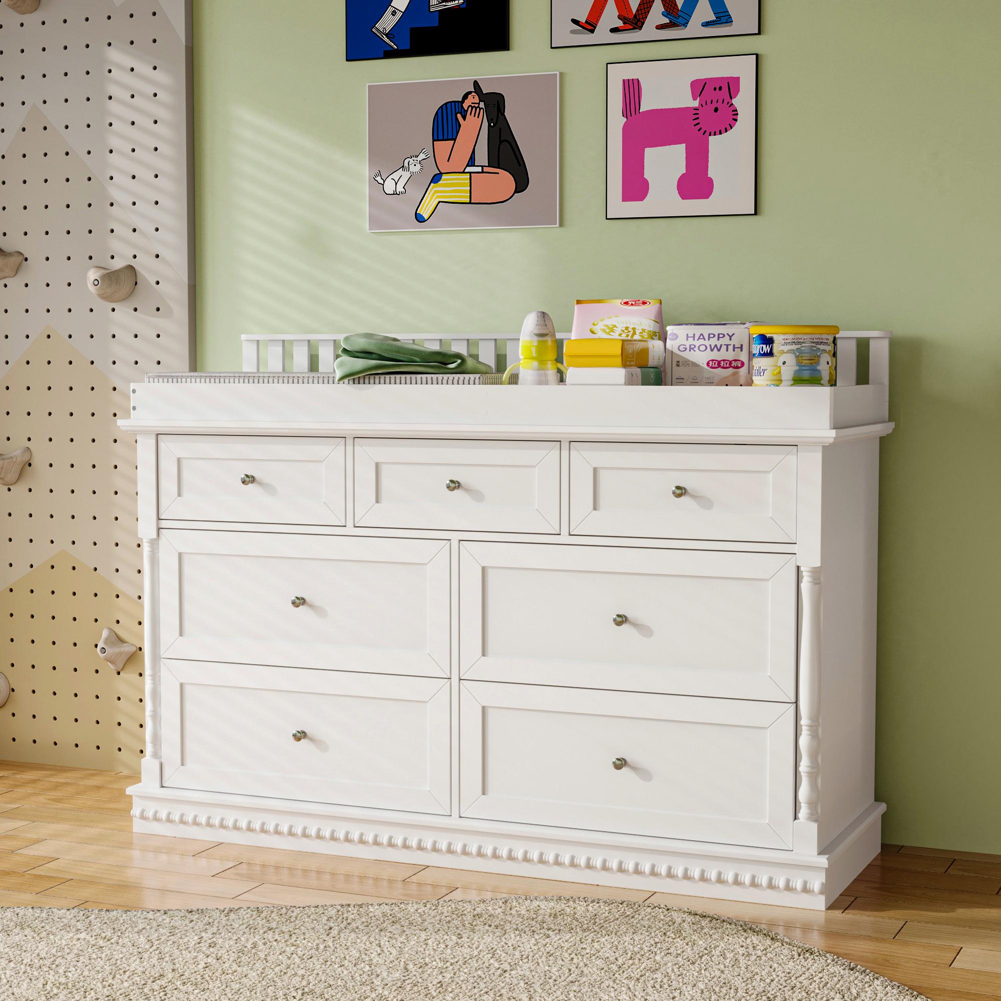 FUFU&GAGA Deborah Changing Table Dresser Antique White with Exposed Shelves, 5 Exposed Drawers & Space for Changing Pad, High-Quality Engineered Wood