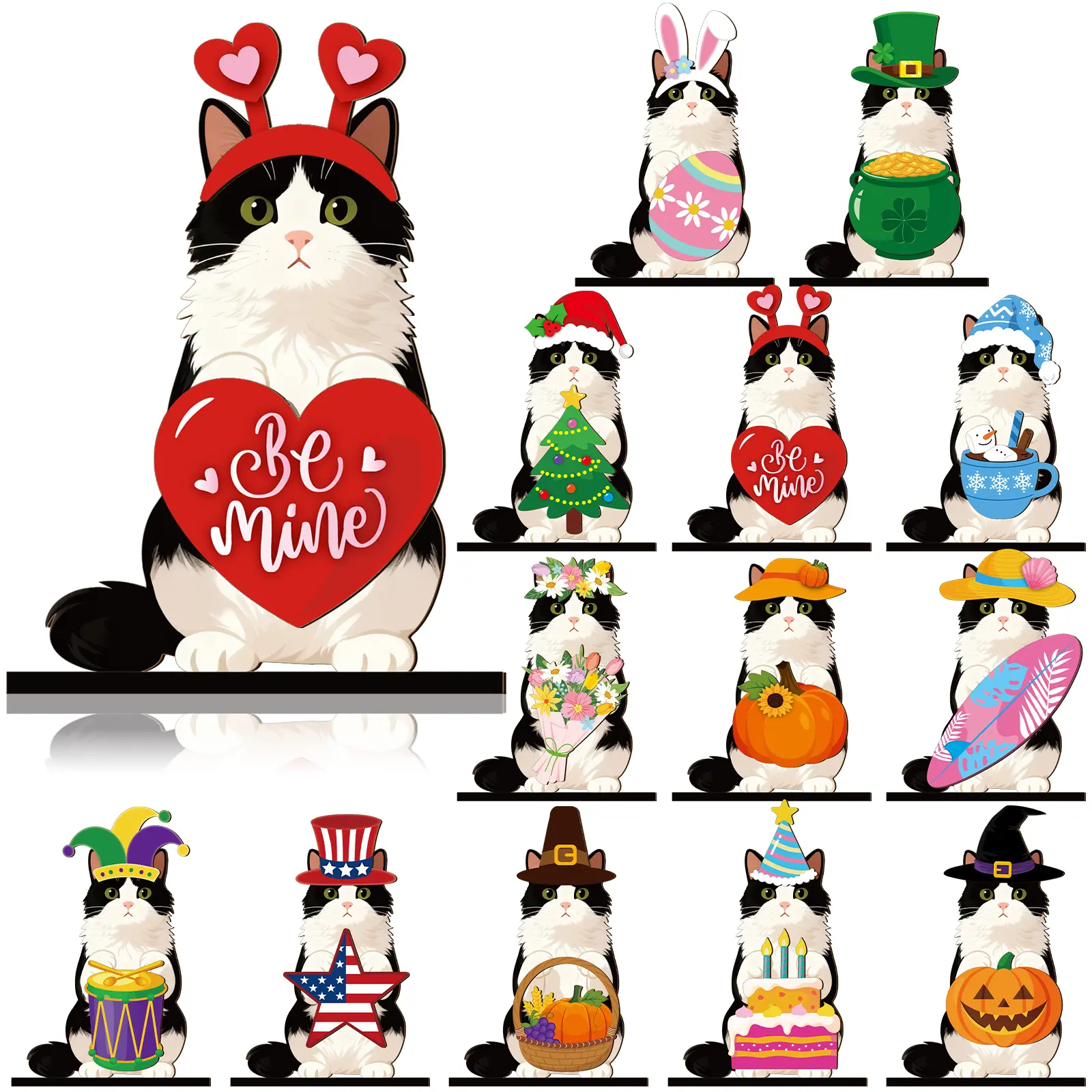 Gejoy Cat Sign Gift Animals Ornaments Wooden Sign Cat Desk Decor Cat Interchangeable Pet Ornaments with Magnet Detachable Hats for Summer Holiday Seasonal Birthday Party, Gift for Pet Owning Families and Animal Lovers