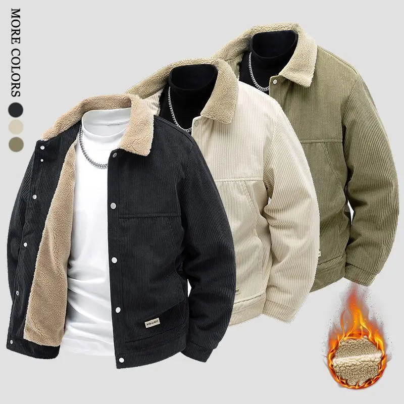 Menswear Basic Casual Corduroy Longsleeve Coat - Men's Single Breasted, Fleece Collar, Ribbed Cuffs, Fashion Front Placket, Thick Warm Lining, Windproof Top; Ideal for Gym, Outdoor Hiking