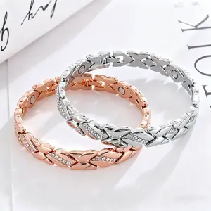 Veliora Gift S Unisex Elegant Leaf Bracelet Pure Copper Rose Gold Magnetic Design with Diamond Accents 3500 Gauss for Wellness Style Christmas Gift - Trendy Bangles