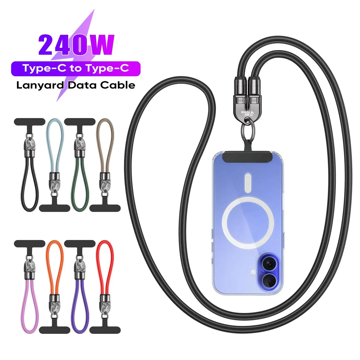 Joytutus 240W USB-C Fast Charging 3-in-1 Mobile Charger - 4ft 7mm Nylon Crossbody Neck Strap, Durable Data Sync Cable for iPhone 16/15, Samsung, Pixel, Hiking/Light Outdoor Charging Solution, Phone Accessories (Metal Black),back to school