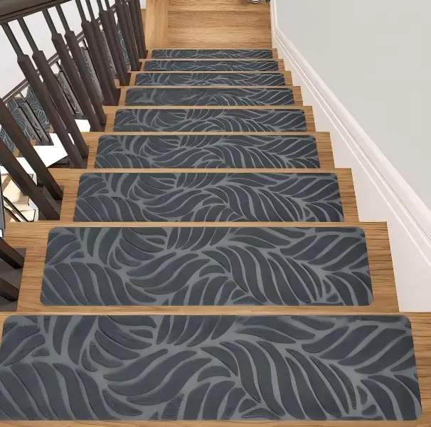 15-Piece Modern Dark Grey Leaf Pattern Indoor Stair Treads, 8in x 30in 4.5mm Soft Non-Skid Self-Adhesive Carpet, Kid-Elder Safe, 86% Safer Steps, 99% Step Fit, Machine Washable Box-Packaged Daily Use Home Decor Supplies