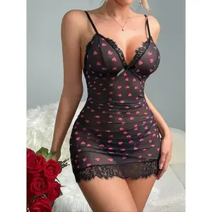 Women's Heart / Floral Print Cami Nightdress & Thong Sexy Tulle Lingerie Two-piece Set, Romantic Ruched Bow Decor Adjustable Spaghetti Strap Nightdress & Panty Set, Women's Sexy Lingerie & Underwear for All Seasons, Nightwear, Night Gown Wo