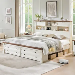 OKD King Rustic Style Large Bed Frame for Modern Bedrooms, Built-in Charging Station, 54-Inch High Headboard, 4 Compartments, 2 Hidden Storage Spaces, 18-Inch Roman Column Decorative Footboard, No Box Spring Required