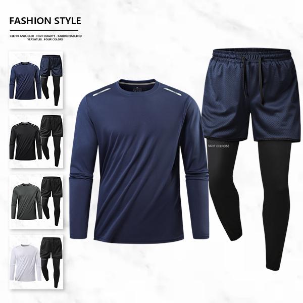 Men's Sports Two-Piece Set with Long-Sleeve Top & Breathable Mesh Shorts Quick-Dry Fabric Reflective Strips Drawstring Waistband for Enhanced Visibility fathersdaygift