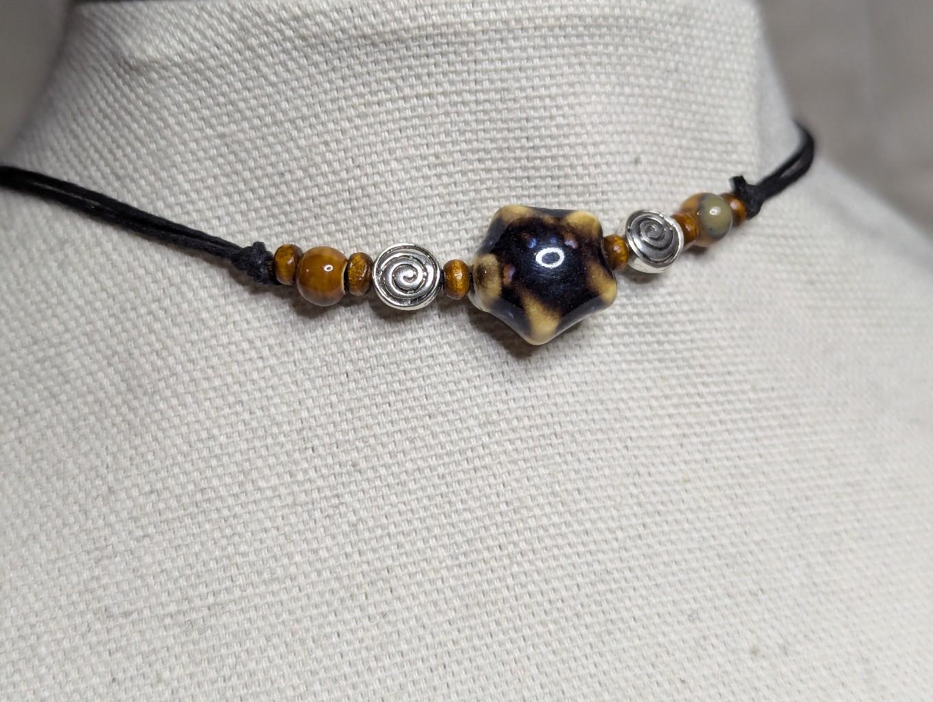 Ceramic Beaded Star Spiral Swirl Y2K Boho Hippie Whimsical Adjustable Black Rope Cord Choker Stacking Necklace jewelry