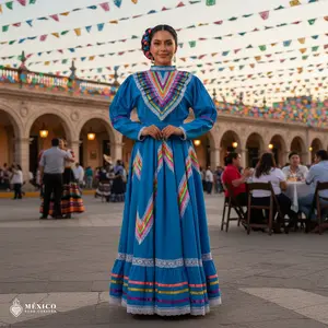 Light Blue Traditional Jalisco One-Piece Dress – Mexican Folklore Wear (Size 14)