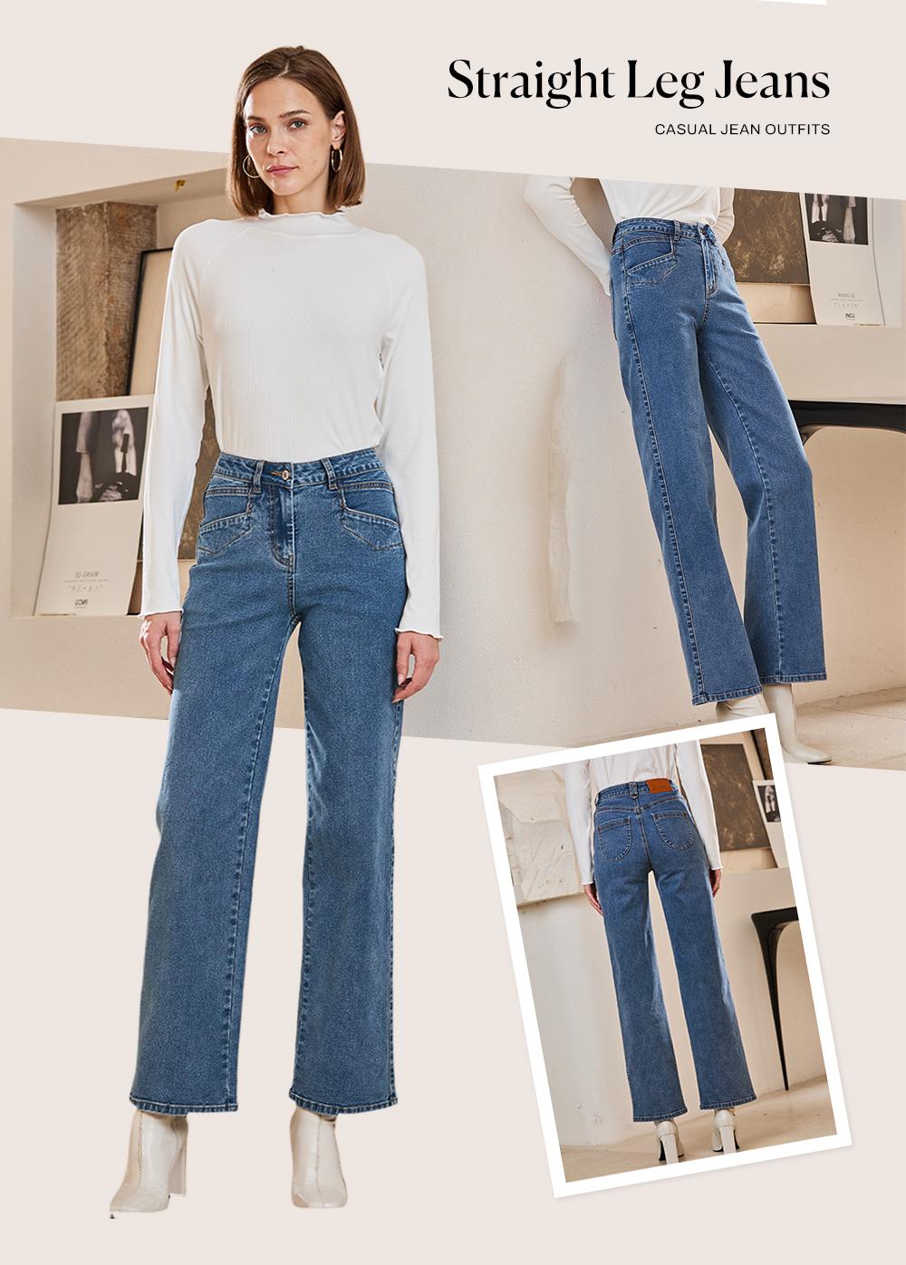 Sidefeel Women's Straight Leg Jeans High Waisted Petite Stretchy Jeans Zimbaplatinum Wide Leg Ankle Denim Pants with Pockets
