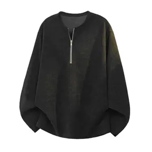 Spring new corduroy long-sleeved T-shirt POLO shirt, texture semi-zipper design round neck pullover long-sleeved men's casual versatile bottoming shirt, the same couple's retro high street trend loose POLO shirt, soft and comfortable fabric, suitable for