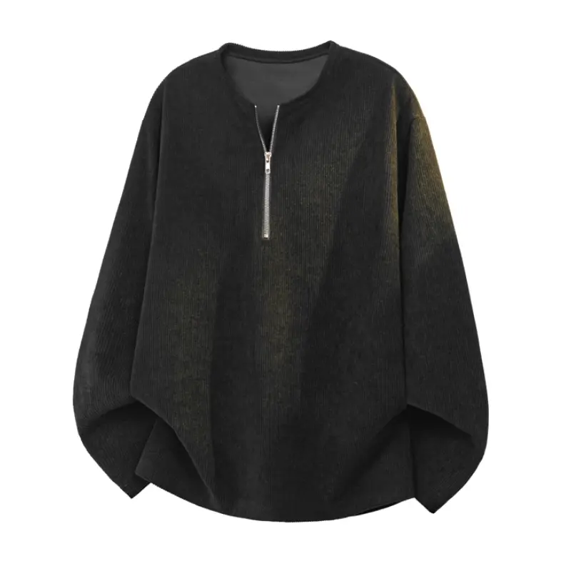 Spring new corduroy long-sleeved T-shirt POLO shirt, texture semi-zipper design round neck pullover long-sleeved men's casual versatile bottoming shirt, the same couple's retro high street trend loose POLO shirt, soft and comfortable fabric, suitable for