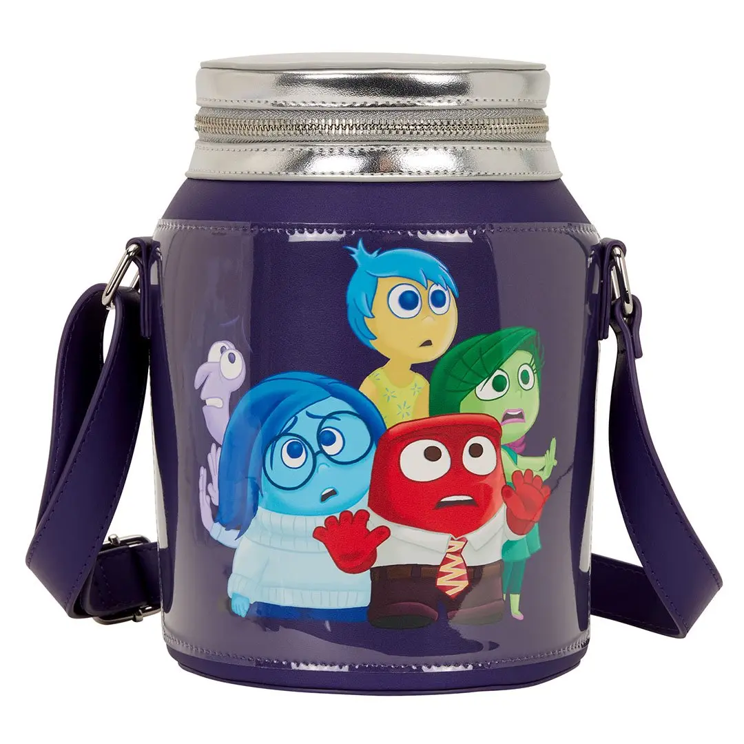Loungefly Disney Pixar Inside Out 2 Bottled Up Emotions Figural Crossbody, Casual Faux Leather Bag with Adjustable Strap, Zipper, Graphic, Basic, Metallic, Lightweight, Figural Jar, Pvc