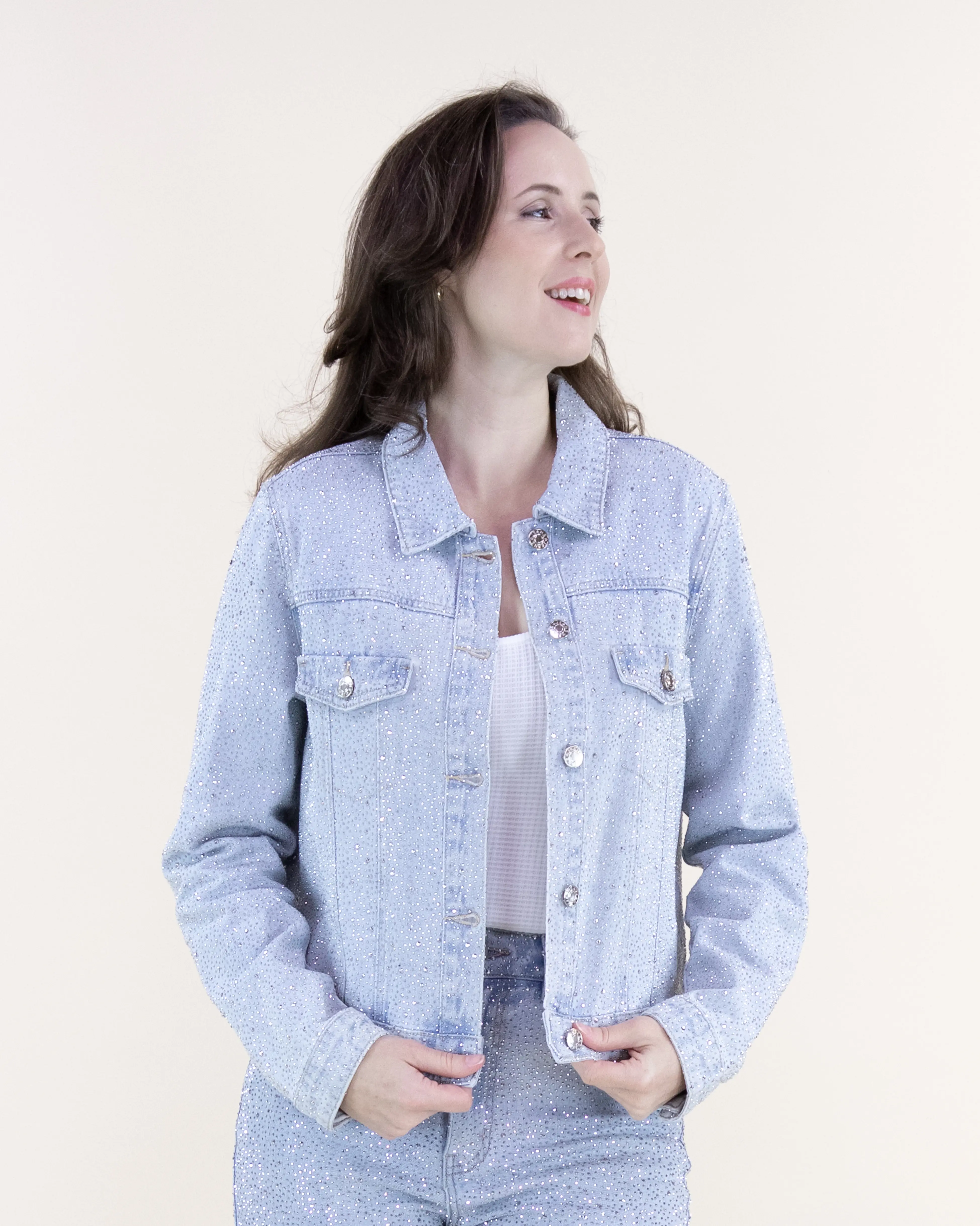 Light Wash Rhinestone Embellished Denim Jacket