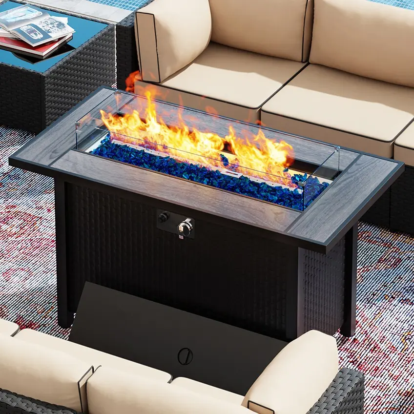 Walsunny Steel Fire Pit Table, 45inch Outdoor Propane Fire Pit Ceramic Tabletop 50,000 BTU Rectangle Pit with Glass Tabletop and Waterproof Cover, Gas Fire Table for Garden,Patio, CSA Modern Safety