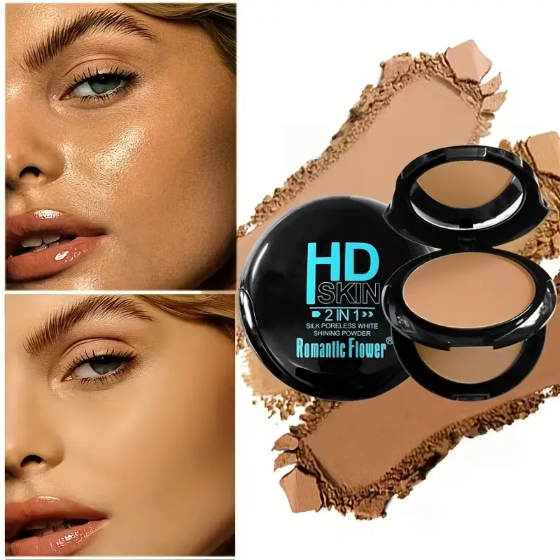 2-in-1 Dual Layer Powder Foundation Cosmetic | Full Coverage, Matte, Oil Control, Waterproof, Long-Lasting with Velvet Puff | 24H Wear Compact Concealer for Oily Skin, Flawless Smooth Makeup Finish